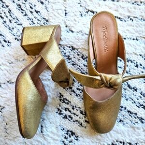 Madewell The Zoe Bow Mule in Gold Metallic Leather Round Toe Block Heel, sz 8